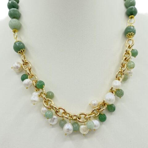 Collana Girocollo in Agata Verde, Ottone e Pietre dure