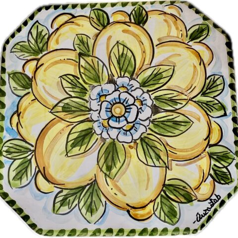 Sotto pentola Ottagonale in Ceramica Dipinto a Mano con Limoni e Fiore Centrale