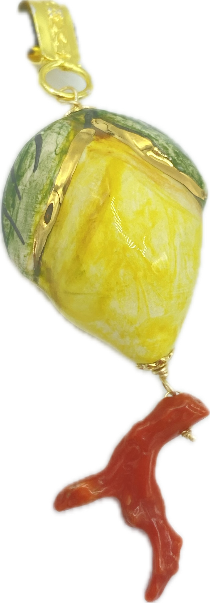 Ciondolo Limone in Ceramica Dipinto a Mano con Lustro in Oro