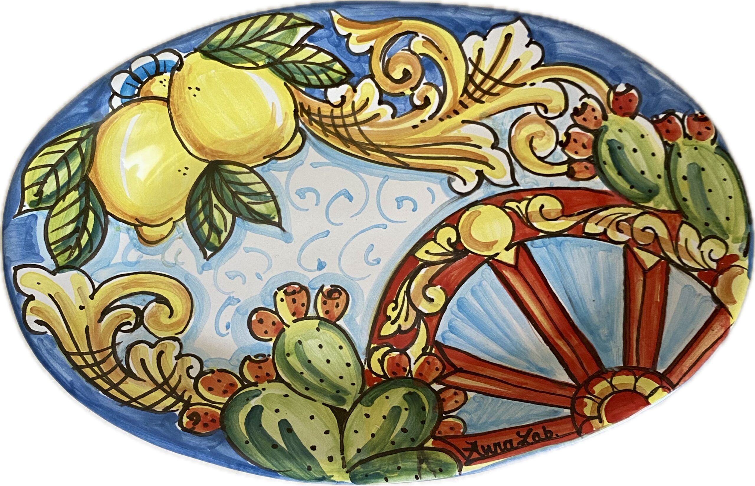 Piatto Ovale in Ceramica Dipinto a Mano in Stile Siciliano