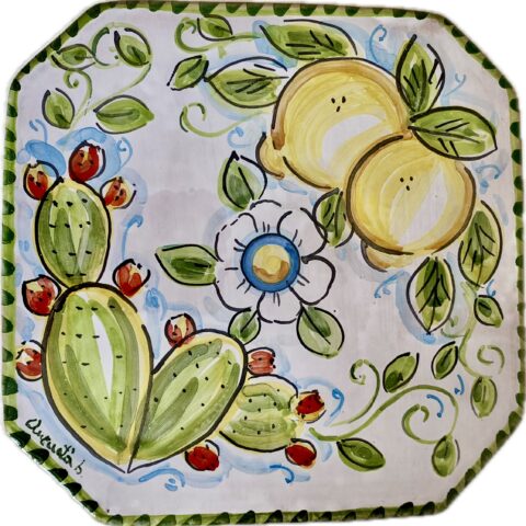 Sottopentola Ottagonale in Ceramica Dipinto a Mano con Fiore, Limoni e Fichi d'India