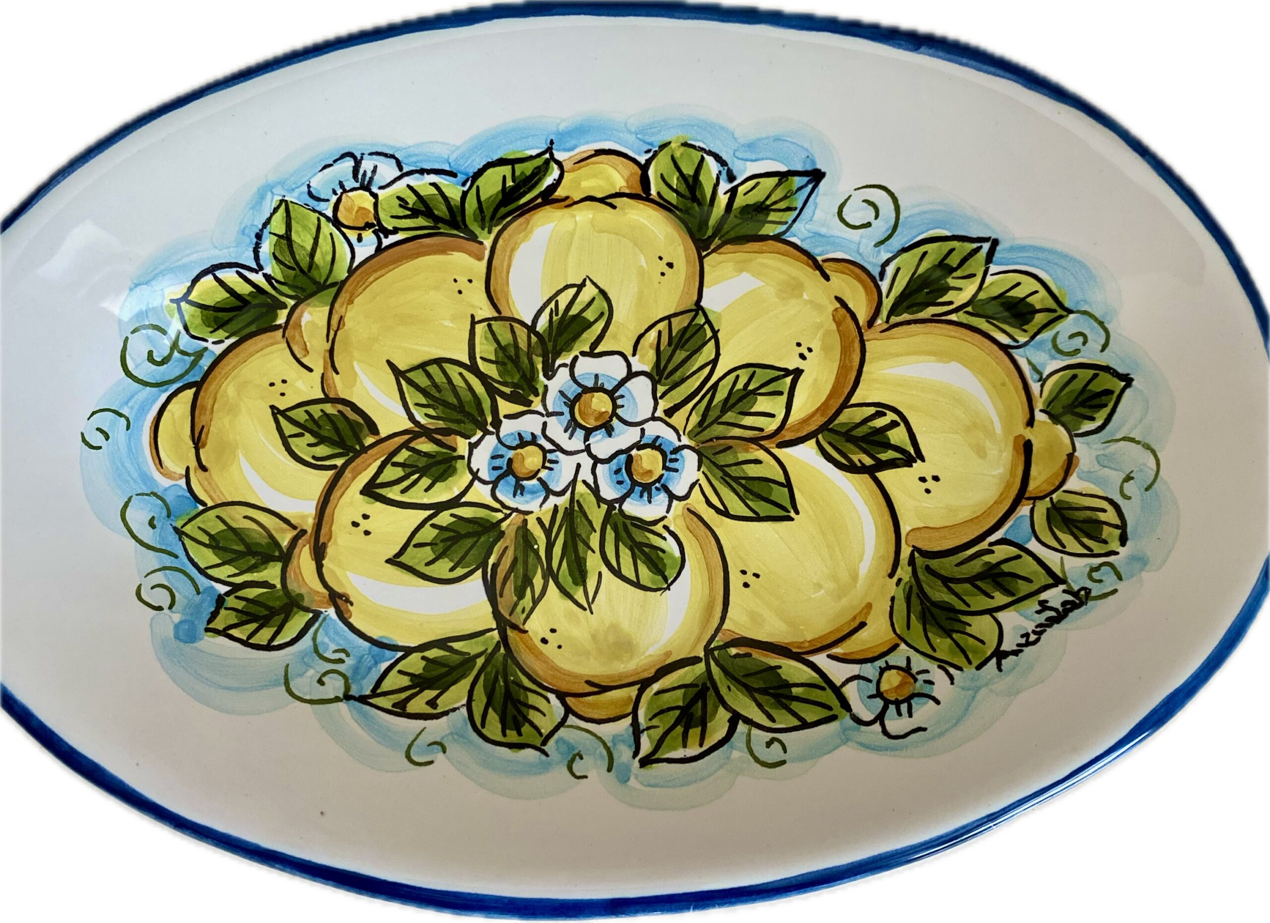 Vassoio Ovale in Ceramica Dipinto a Mano con Limoni e Fiori
