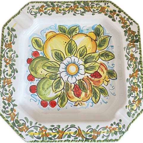 Posacenere Ottagonale in Ceramica Dipinto a Mano con Fiore e Frutti Siciliani
