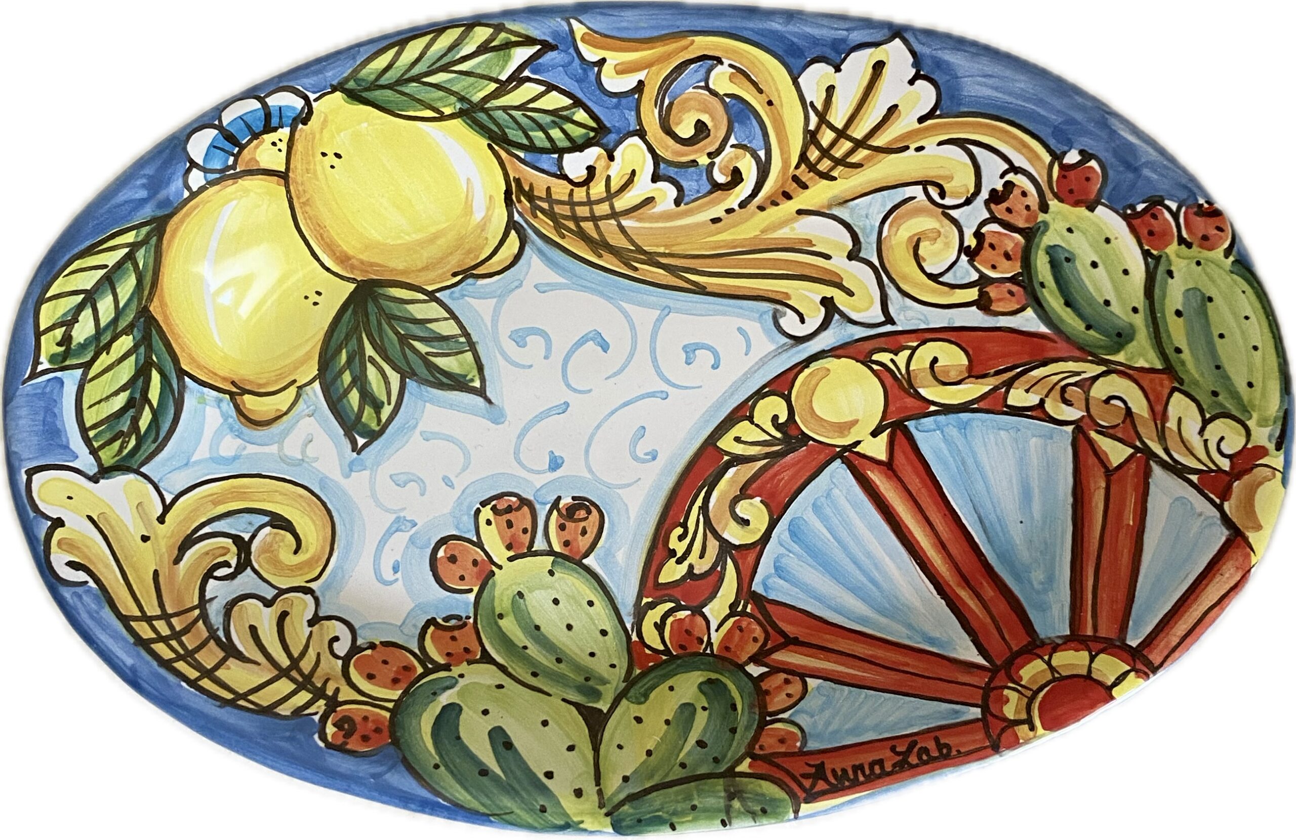 Piatto Ovale in Ceramica Dipinto a Mano in Stile Siciliano