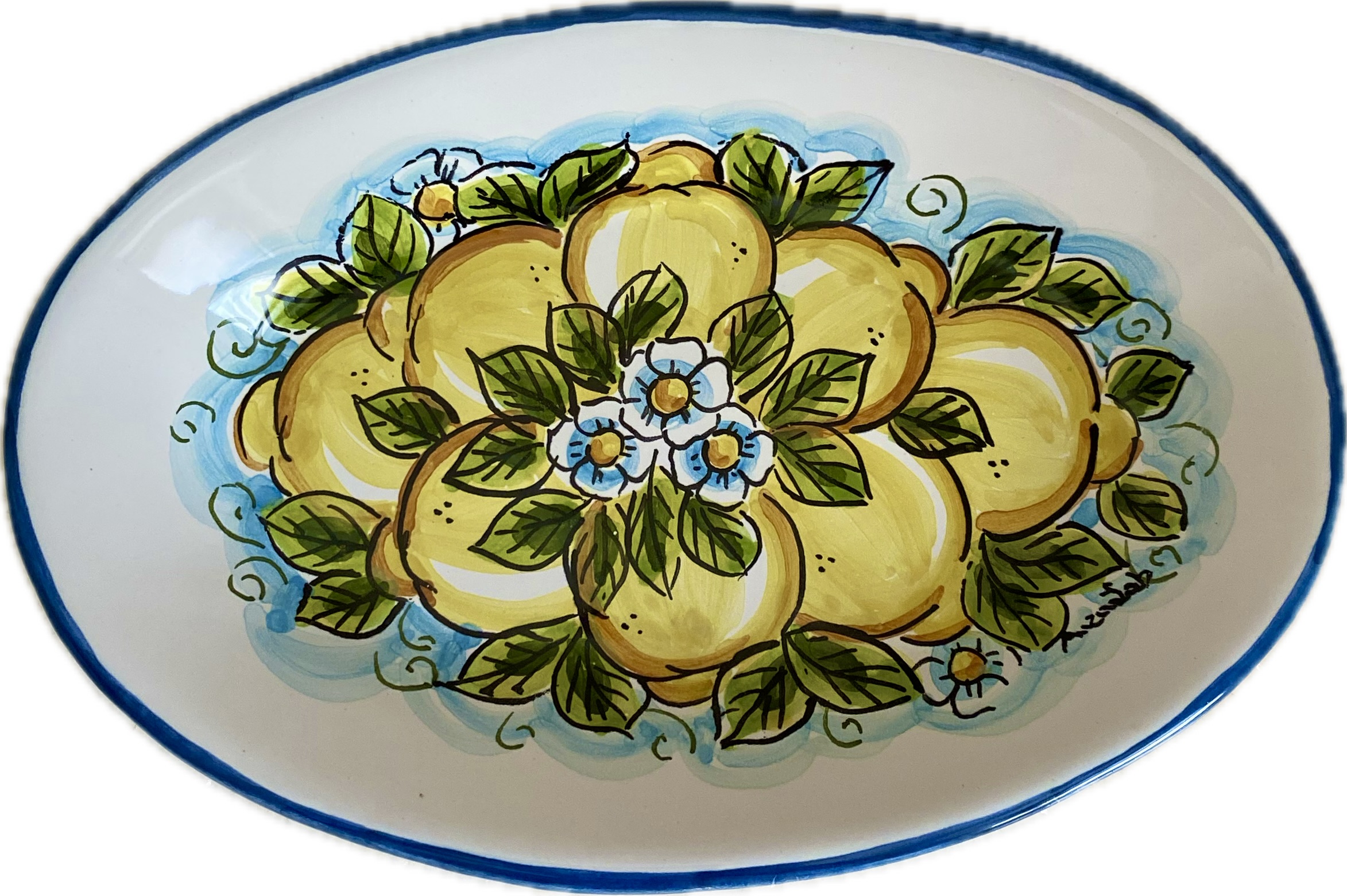 Vassoio Ovale in Ceramica Dipinto a Mano con Limoni e Fiori