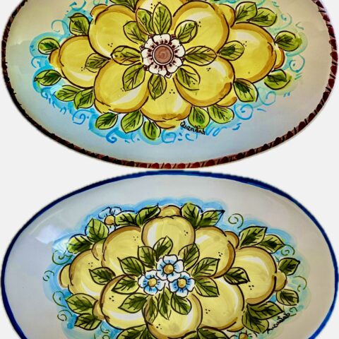 Vassoio Ovale in Ceramica Dipinto a Mano con Limoni e Fiori