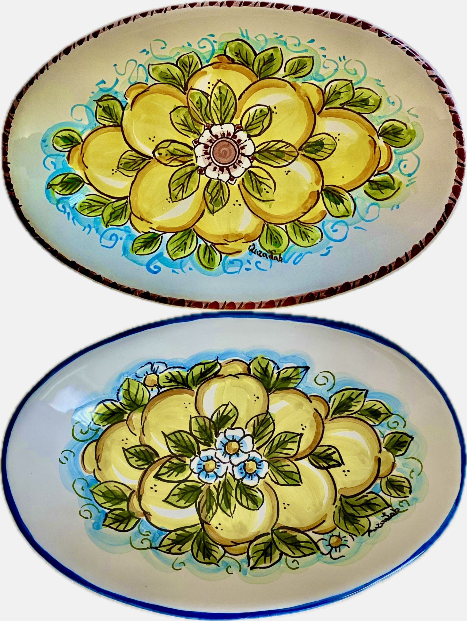 Vassoio Ovale in Ceramica Dipinto a Mano con Limoni e Fiori