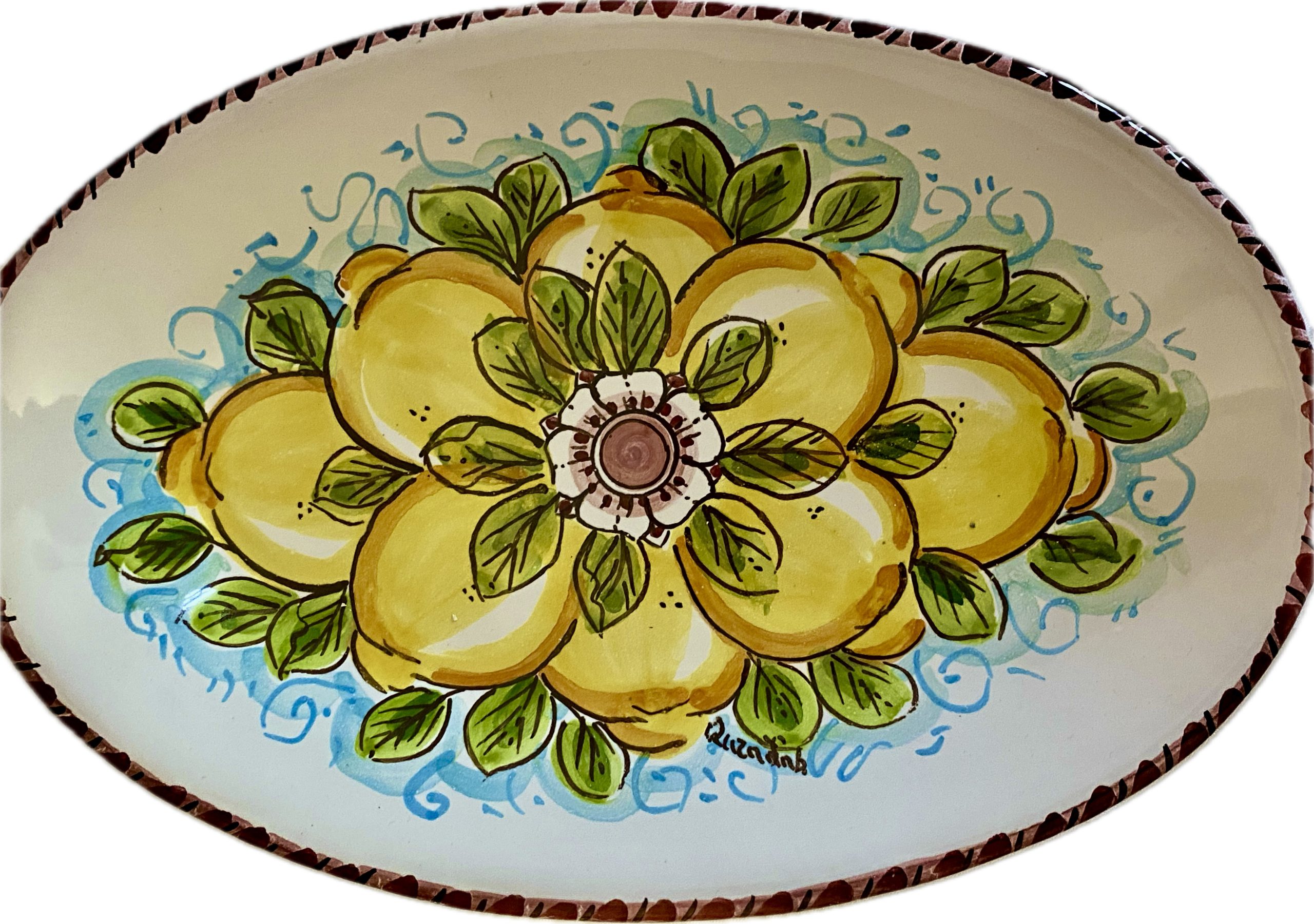 Vassoio Ovale in Ceramica Dipinto a Mano con Limoni e Fiori