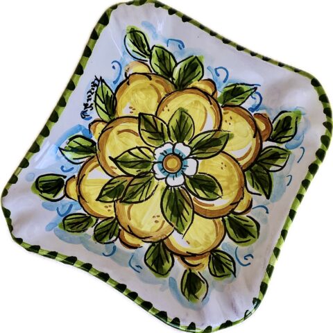 Posacenere in Ceramica Dipinto a Mano con Limoni e Fiore Centrale 12x12 cm