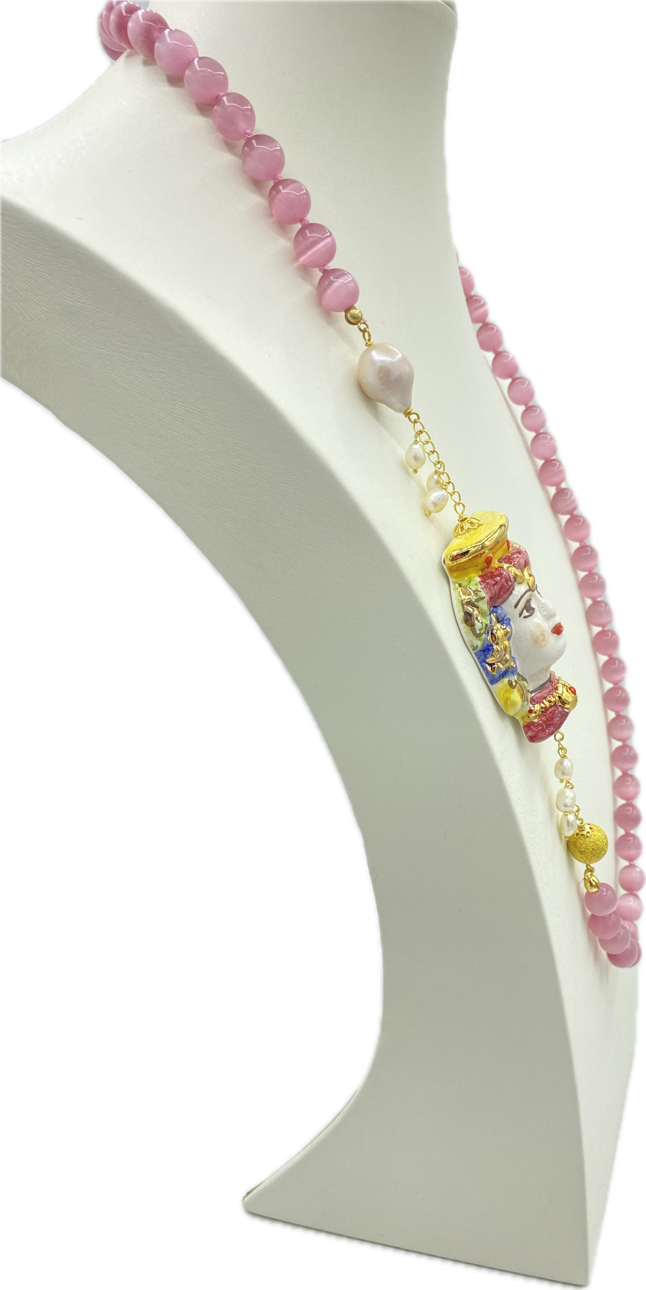 Collana in Occhio di Gatto Rosa con Testa di Moro Donna in ceramica
