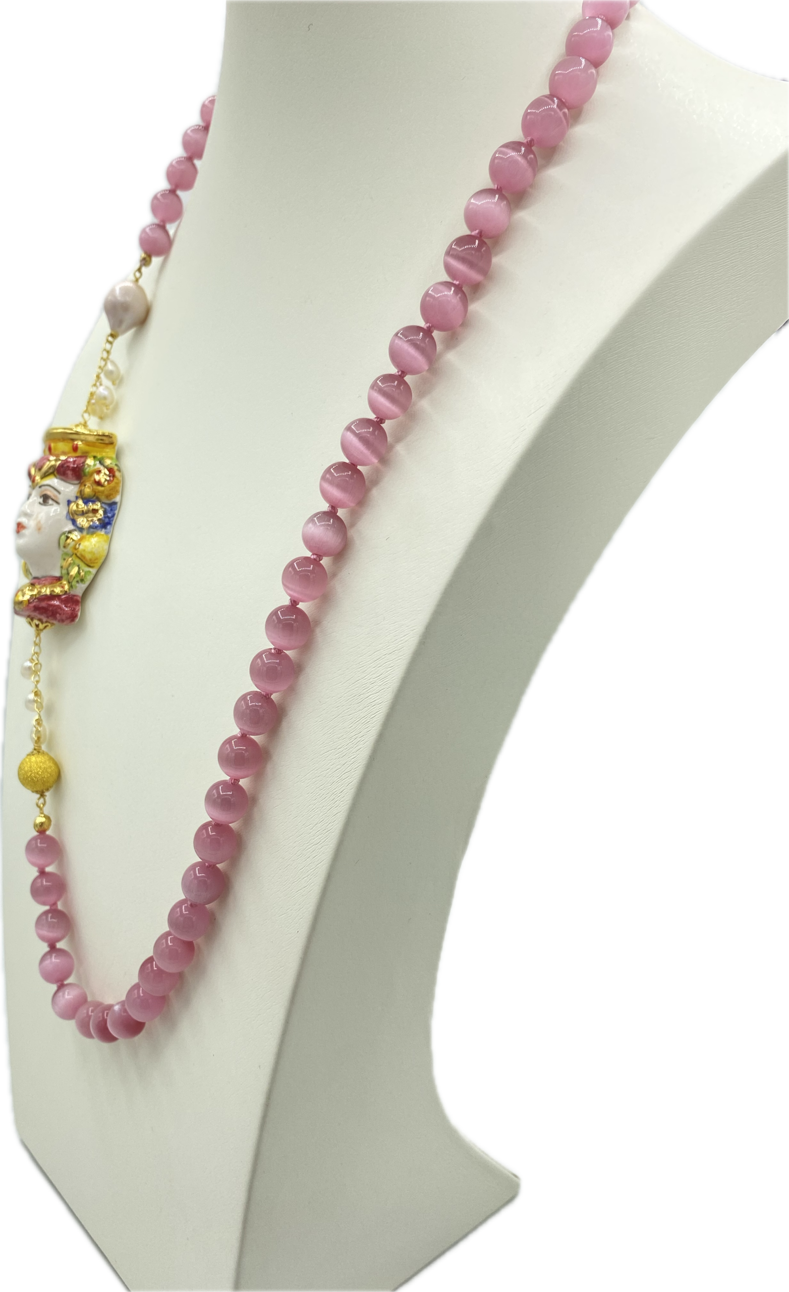 Collana in Occhio di Gatto Rosa con Testa di Moro Donna in ceramica