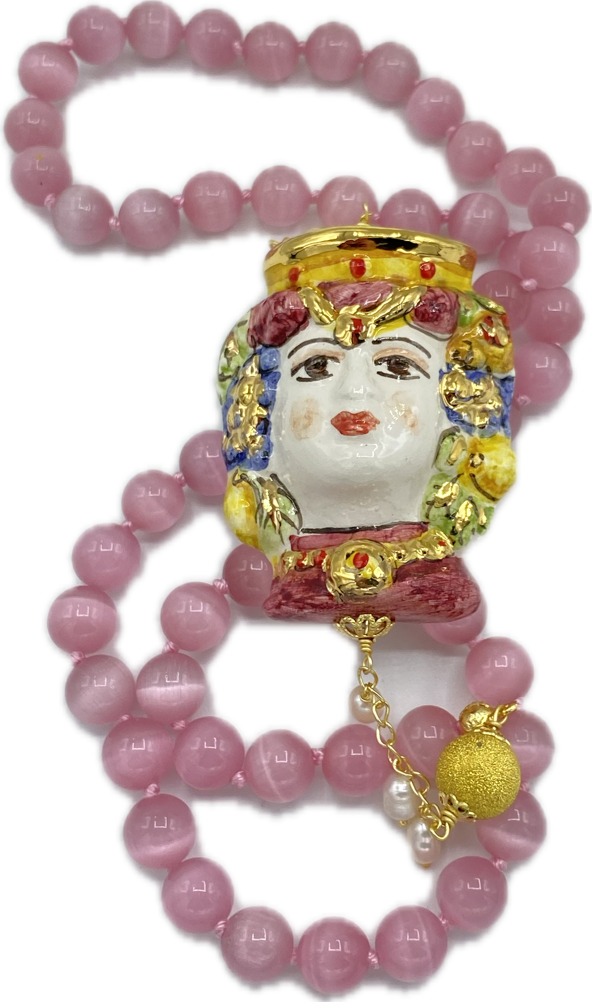 Collana in Occhio di Gatto Rosa con Testa di Moro Donna in ceramica
