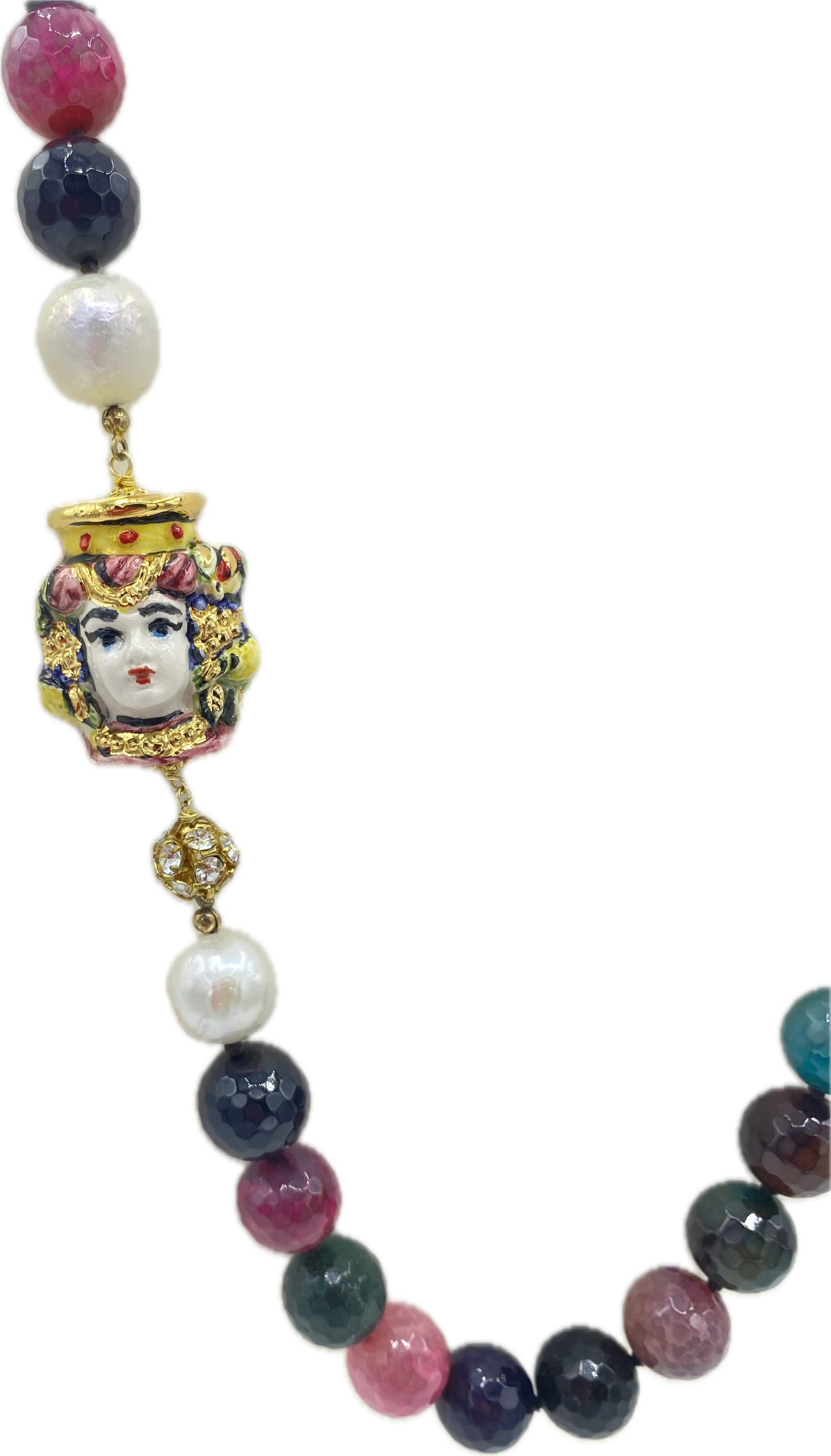 Collana in Tormalina Multicolore, Perle di Fiume e Coppia di Teste di Moro in Ceramica con Lustro in Oro