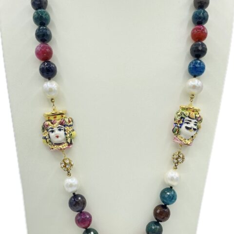 Collana in Tormalina Multicolore, Perle di Fiume e Coppia di Teste di Moro in Ceramica con Lustro in Oro