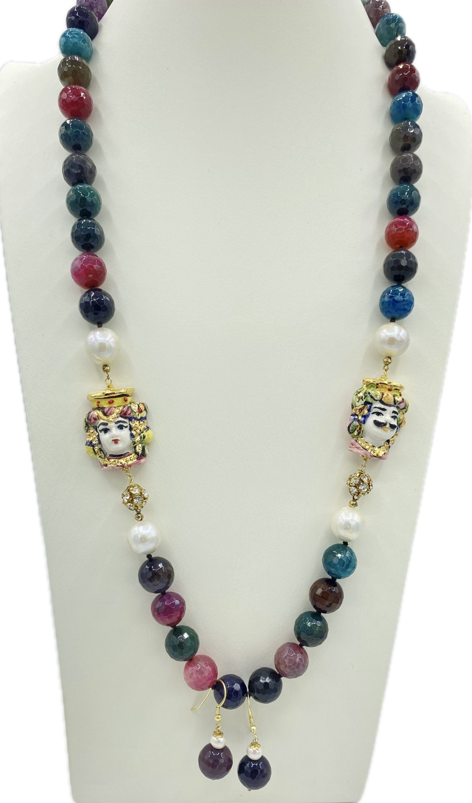 Collana in Tormalina Multicolore, Perle di Fiume e Coppia di Teste di Moro in Ceramica con Lustro in Oro