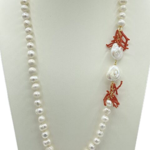 Collana Perle di Fiume con Madreperla e Corallo Rosso