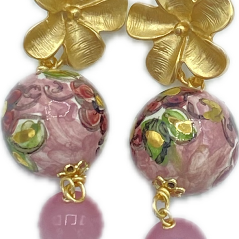 Orecchini con perle in Ceramica e Occhio di Gatto Rosa