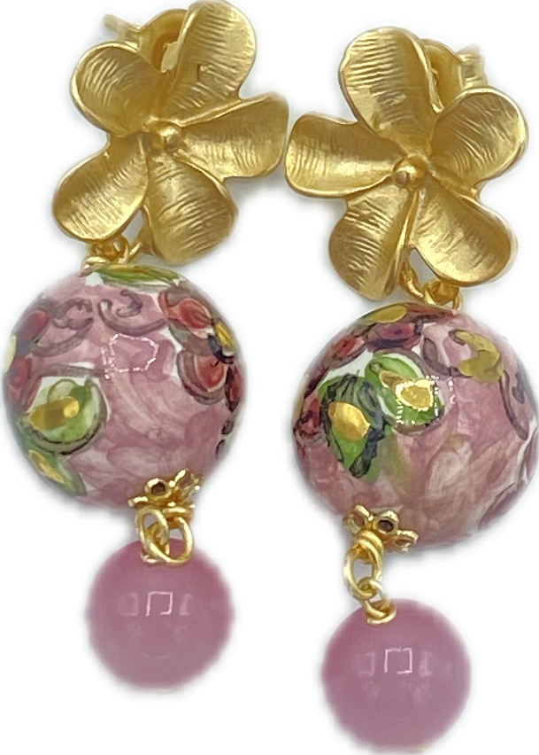 Orecchini con perle in Ceramica e Occhio di Gatto Rosa