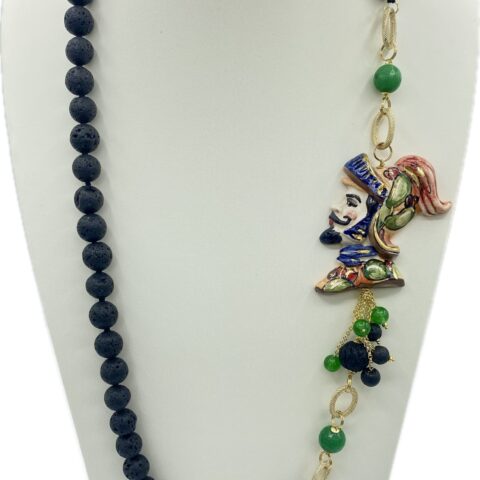 Collana in Pietra Lavica con Paladino Orlando e Agata Verde