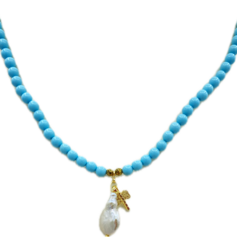 Collana in Pasta di Turchese con Libellula in Ottone e Madreperla