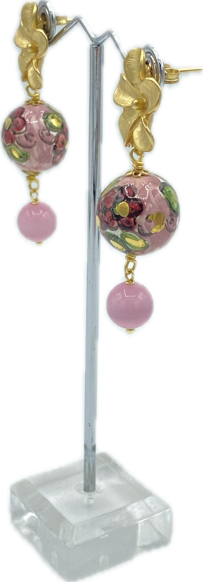 Orecchini con perle in Ceramica e Occhio di Gatto Rosa