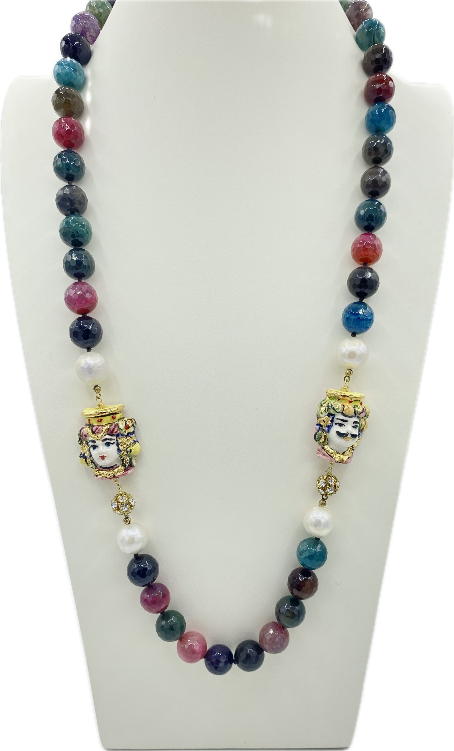 Collana in Tormalina Multicolore, Perle di Fiume e Coppia di Teste di Moro in Ceramica con Lustro in Oro