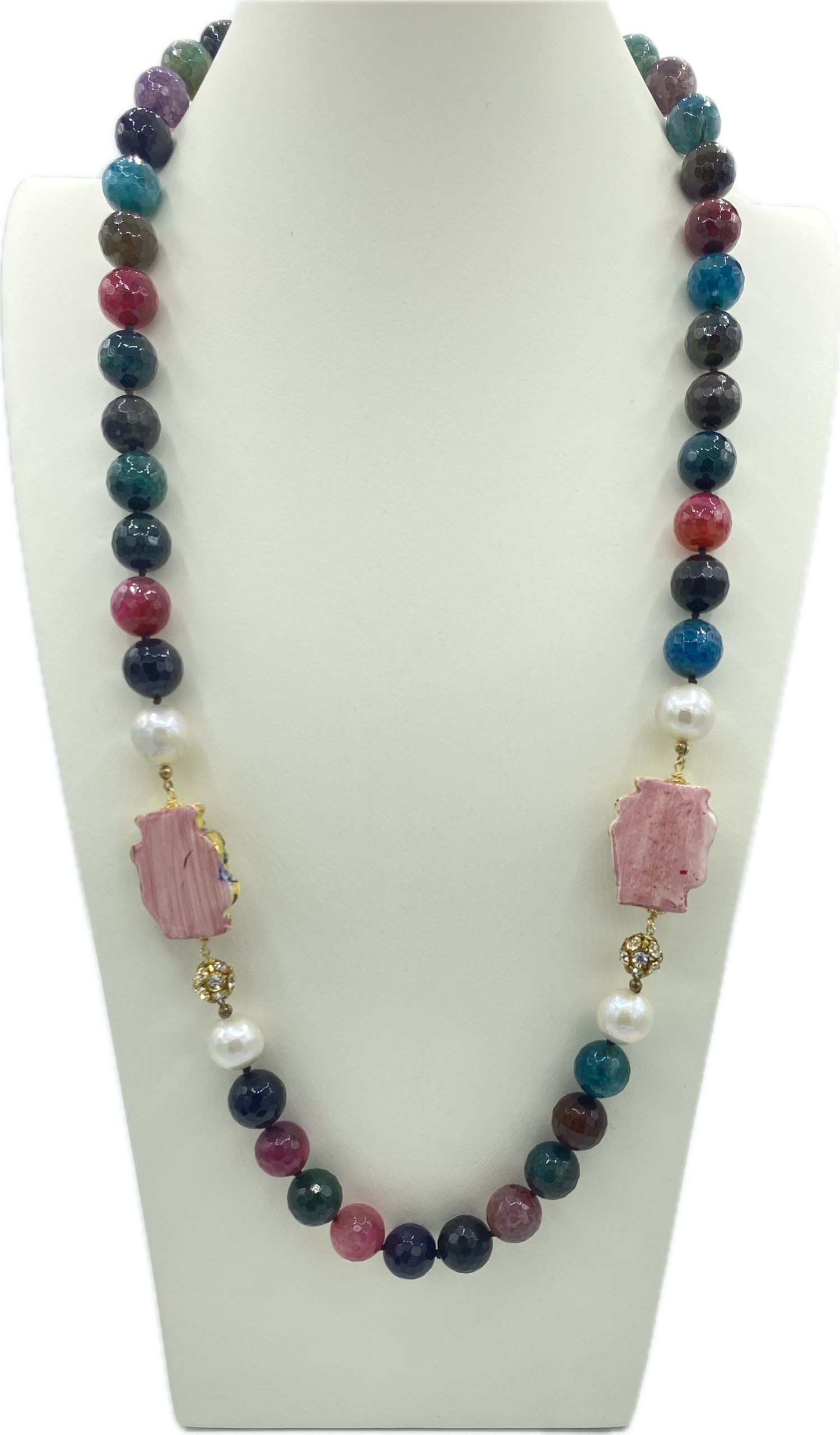 Collana in Tormalina Multicolore, Perle di Fiume e Coppia di Teste di Moro in Ceramica con Lustro in Oro