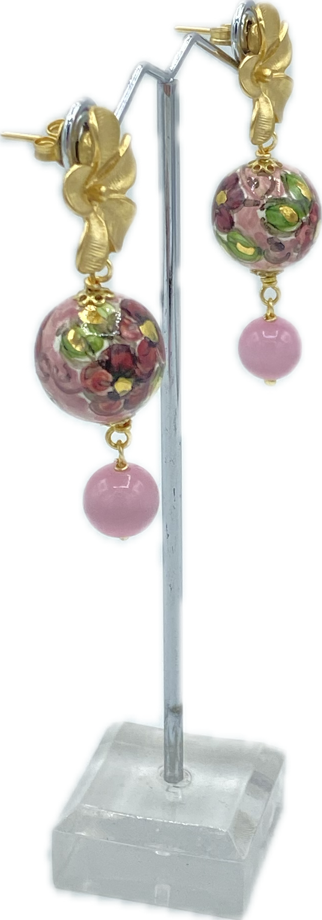 Orecchini con perle in Ceramica e Occhio di Gatto Rosa