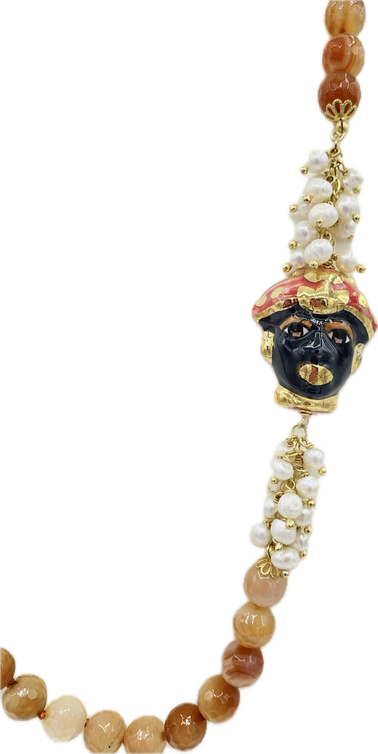 Collana in Corniola con Testa di Moro in Ceramica Dipinta a Mano