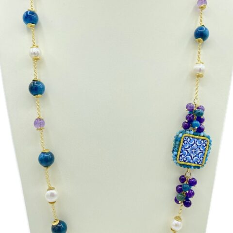 Collana con Agata, Perle di Fiume e Mattonelle in Pietra Lavica