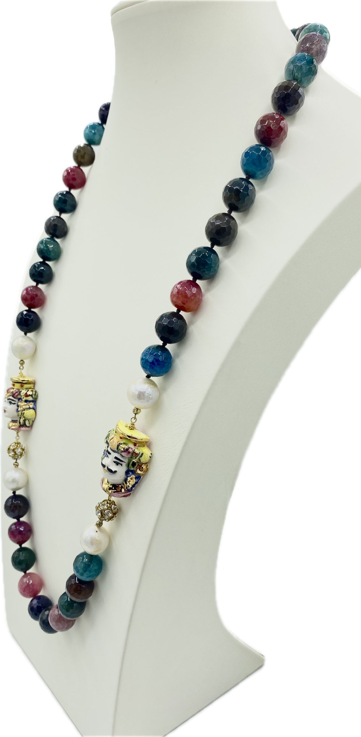 Collana in Tormalina Multicolore, Perle di Fiume e Coppia di Teste di Moro in Ceramica con Lustro in Oro
