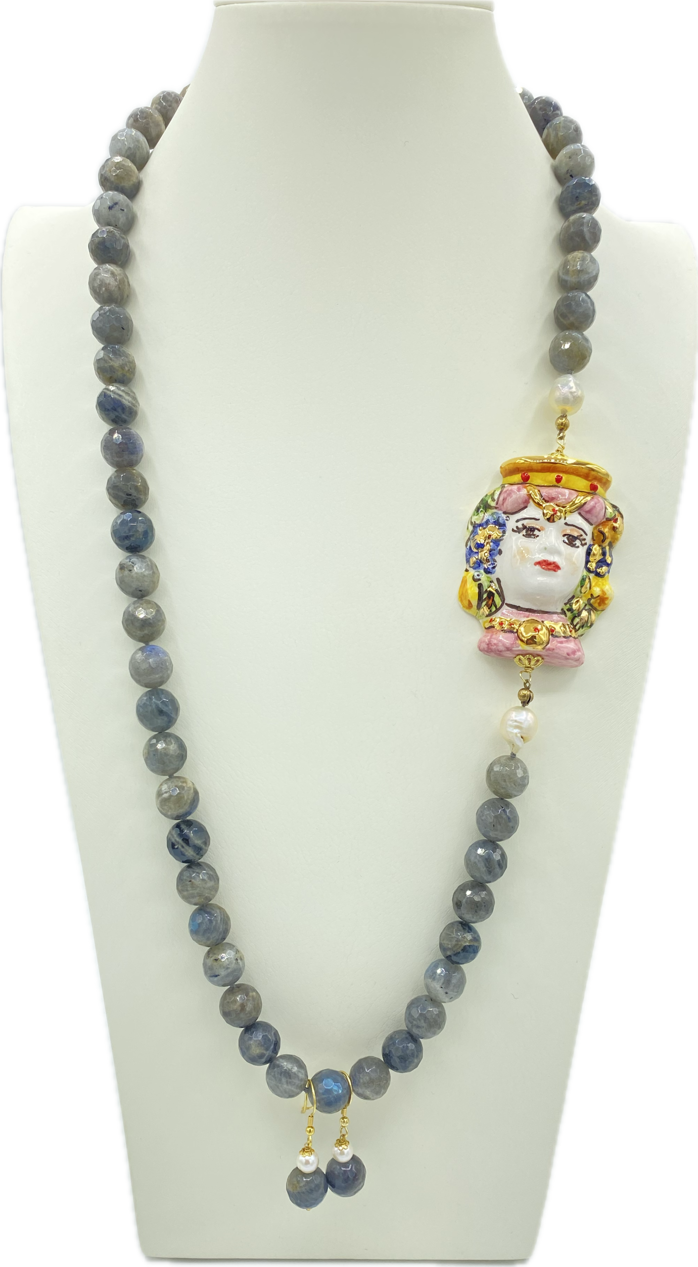 Collana in Labradorite, Perle Scaramazze e Testa di Moro in Ceramica con Lustro in Oro