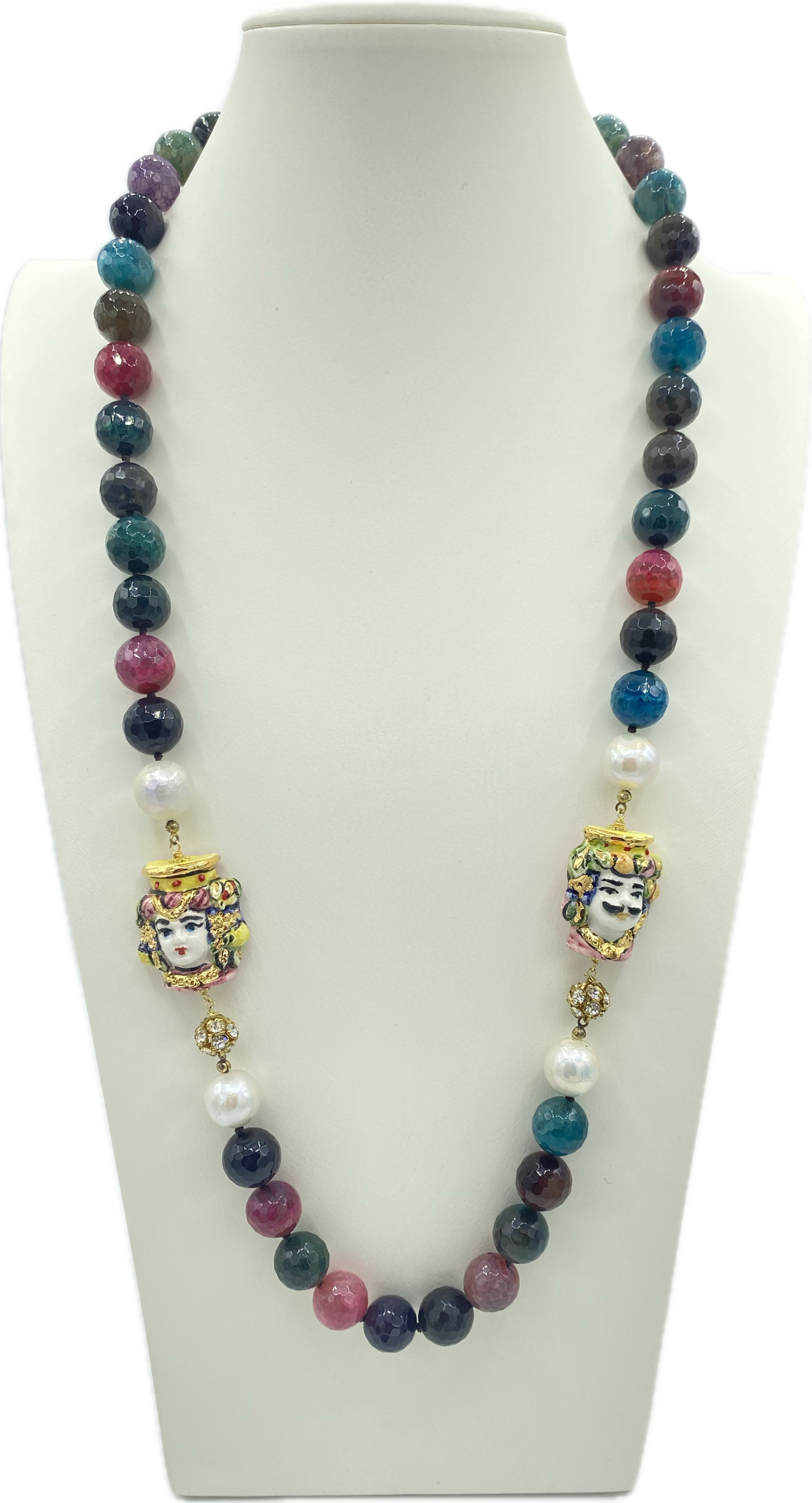 Collana in Tormalina Multicolore, Perle di Fiume e Coppia di Teste di Moro in Ceramica con Lustro in Oro