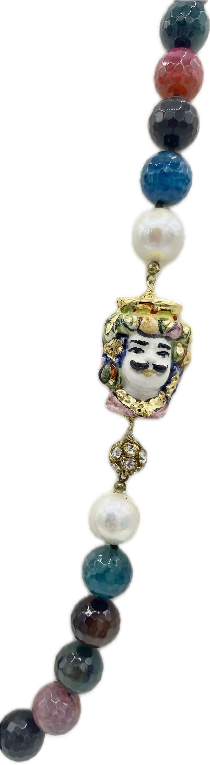 Collana in Tormalina Multicolore, Perle di Fiume e Coppia di Teste di Moro in Ceramica con Lustro in Oro