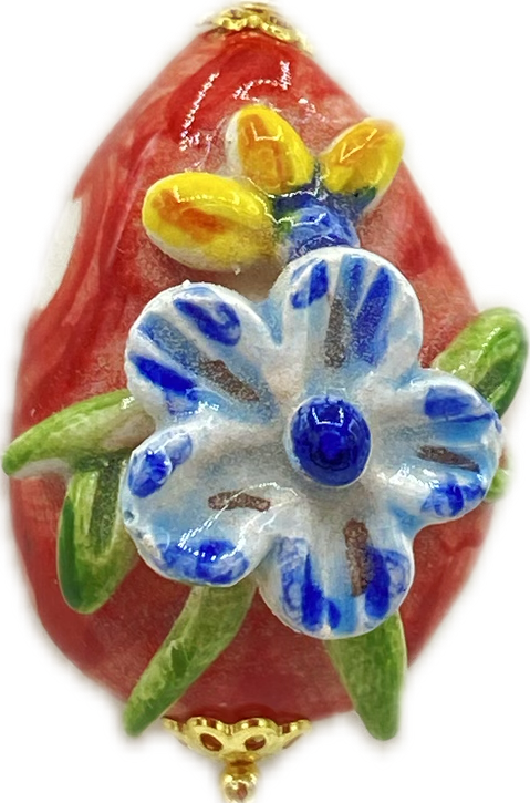 Collana in Agata Liscia con Ciondolo Floreale in Ceramica e Ruota Siciliana in Zama
