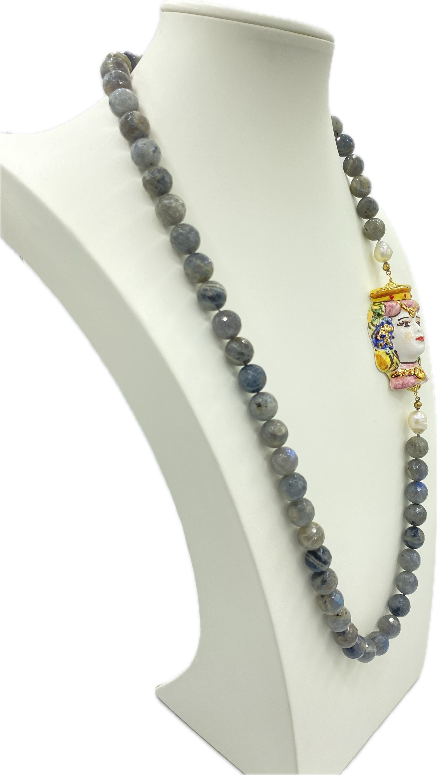 Collana in Labradorite, Perle Scaramazze e Testa di Moro in Ceramica con Lustro in Oro