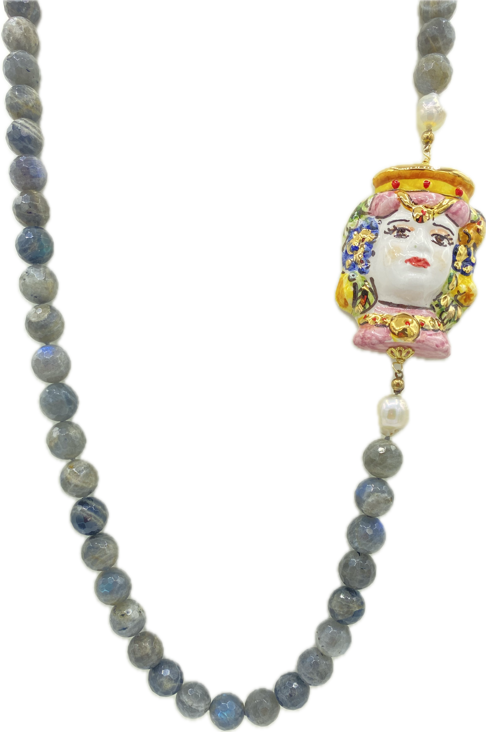 Collana in Labradorite, Perle Scaramazze e Testa di Moro in Ceramica con Lustro in Oro