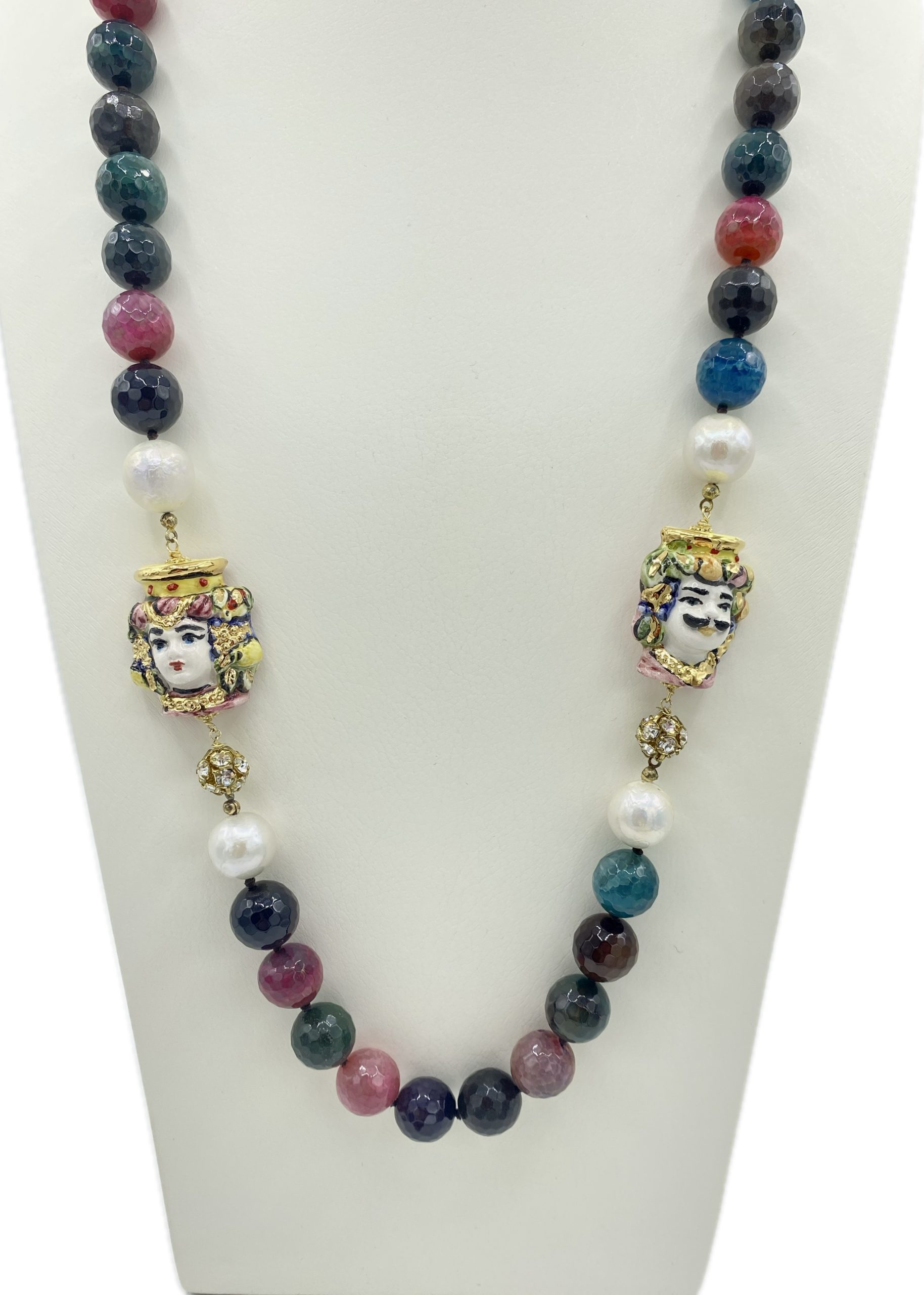 Collana in Tormalina Multicolore, Perle di Fiume e Coppia di Teste di Moro in Ceramica con Lustro in Oro