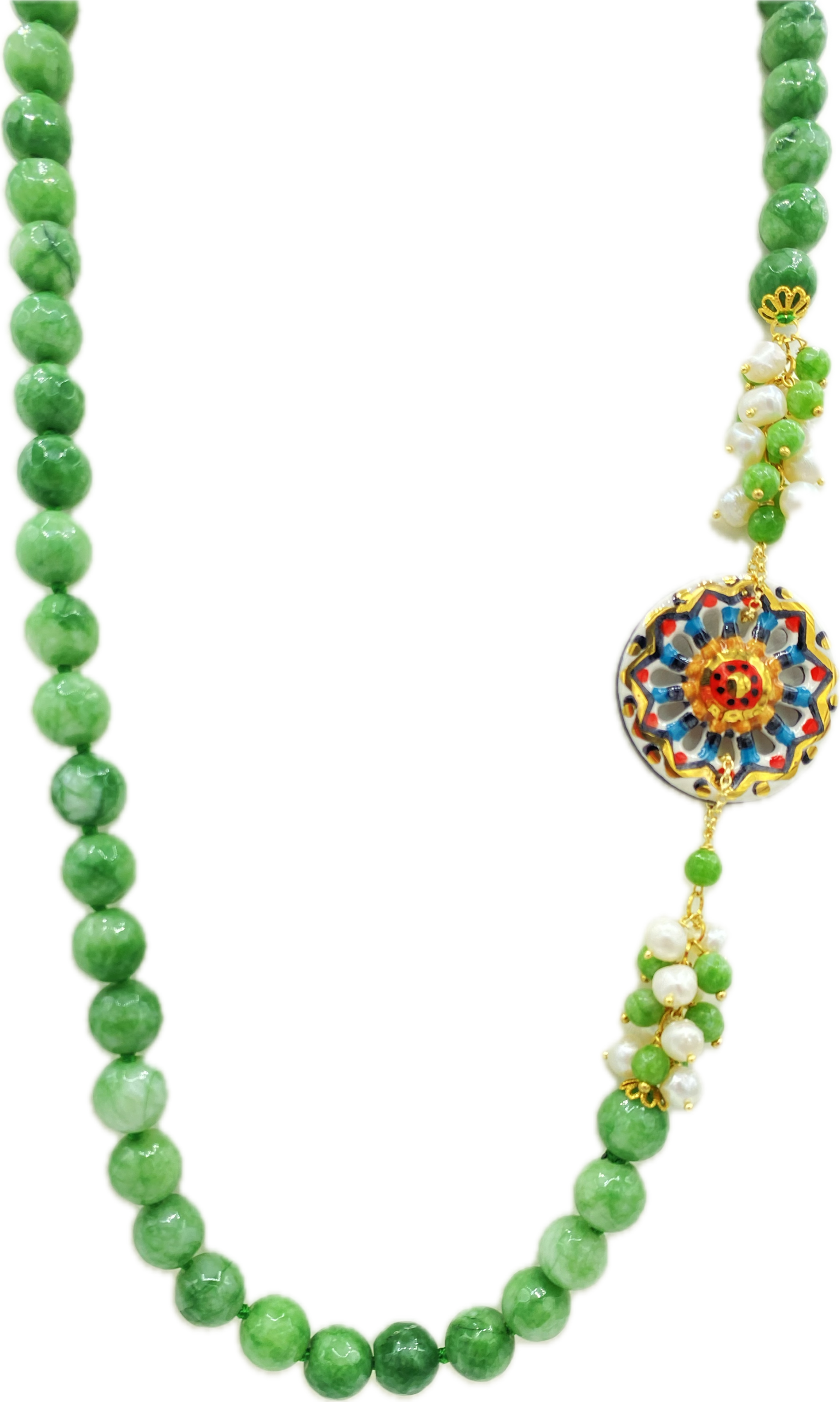 Collana in Giada Verde con Ruota Siciliana in Ceramica Dipinta a Mano