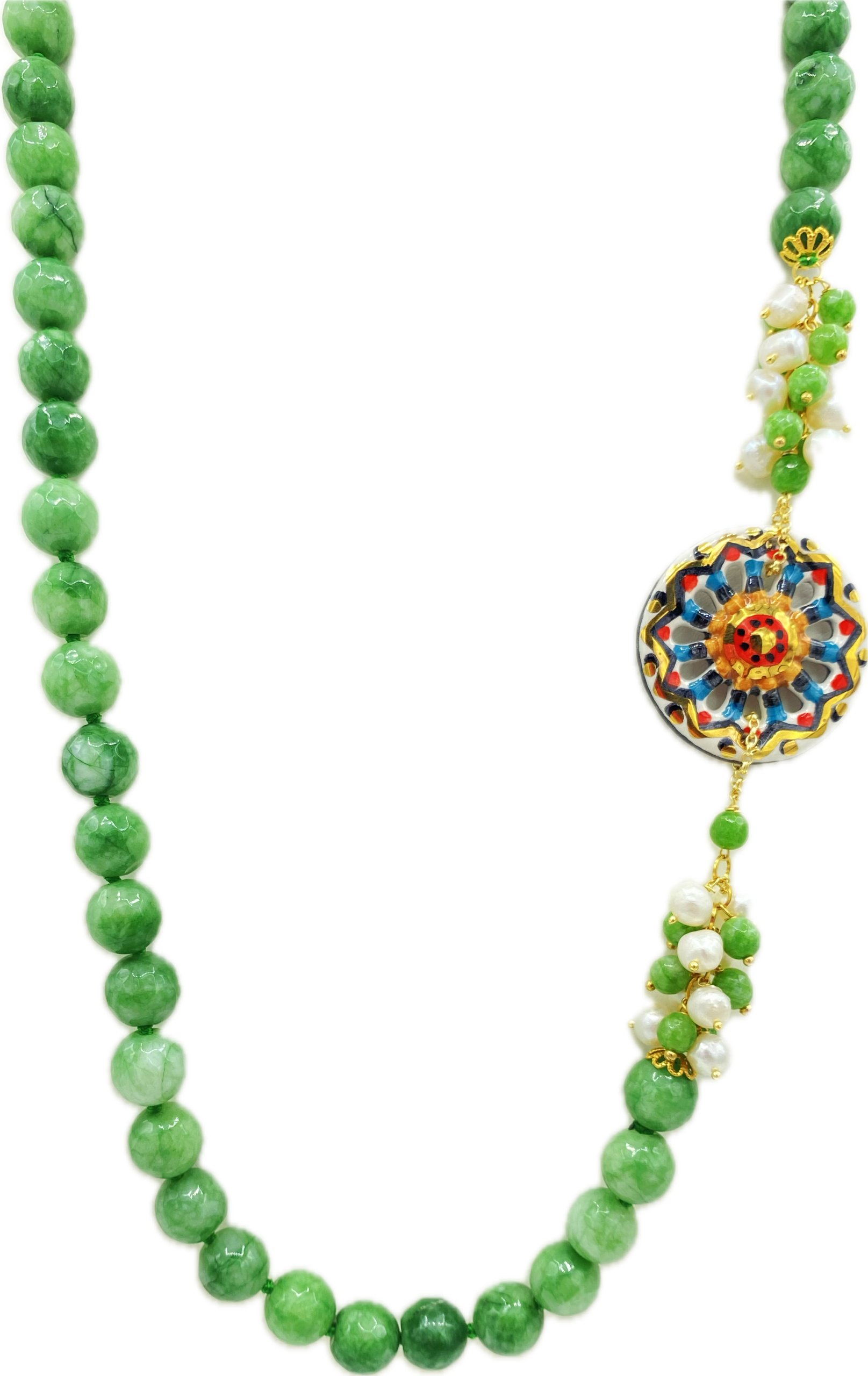 Collana in Giada Verde con Ruota Siciliana in Ceramica Dipinta a Mano