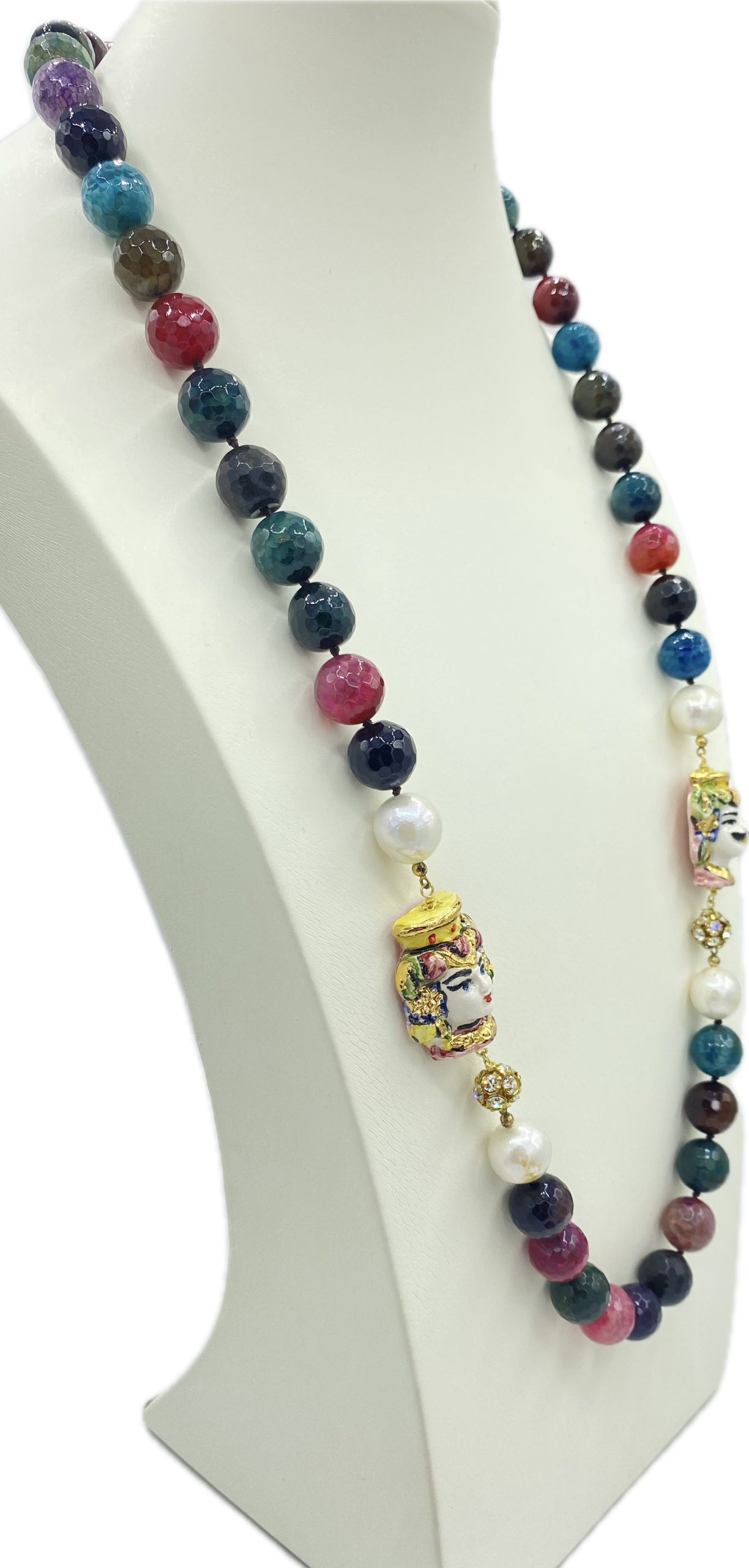 Collana in Tormalina Multicolore, Perle di Fiume e Coppia di Teste di Moro in Ceramica con Lustro in Oro