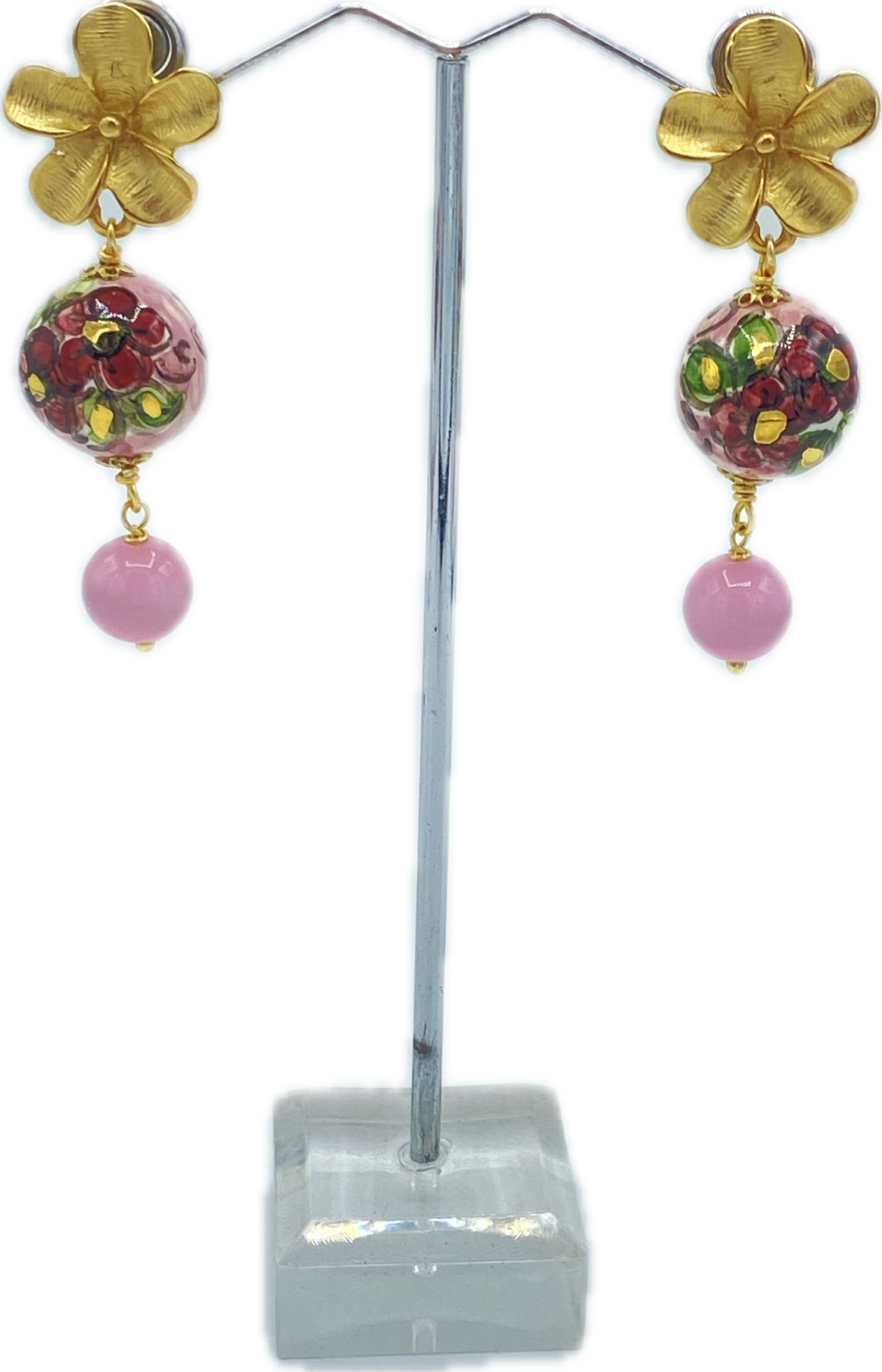 Orecchini con perle in Ceramica e Occhio di Gatto Rosa