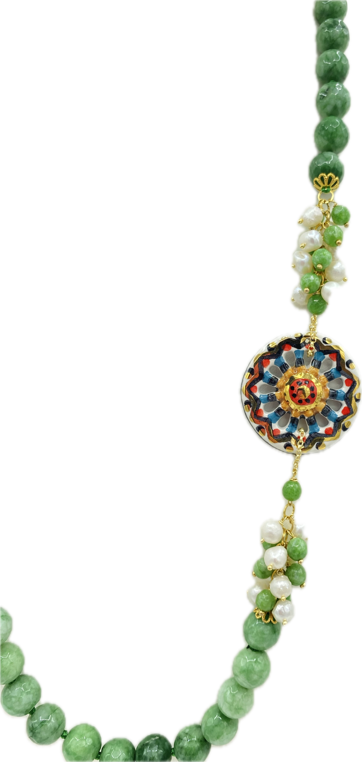 Collana in Giada Verde con Ruota Siciliana in Ceramica Dipinta a Mano
