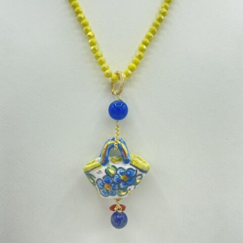 Collana in Swarovski gialla con ciondolo coffa siciliana in ceramica e lustro oro