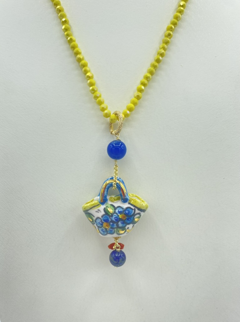 Collana in Swarovski gialla con ciondolo coffa siciliana in ceramica e lustro oro
