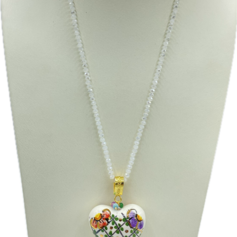 Collana in Swarovski bianchi con cuore tridimensionale in stile maioliche siciliane
