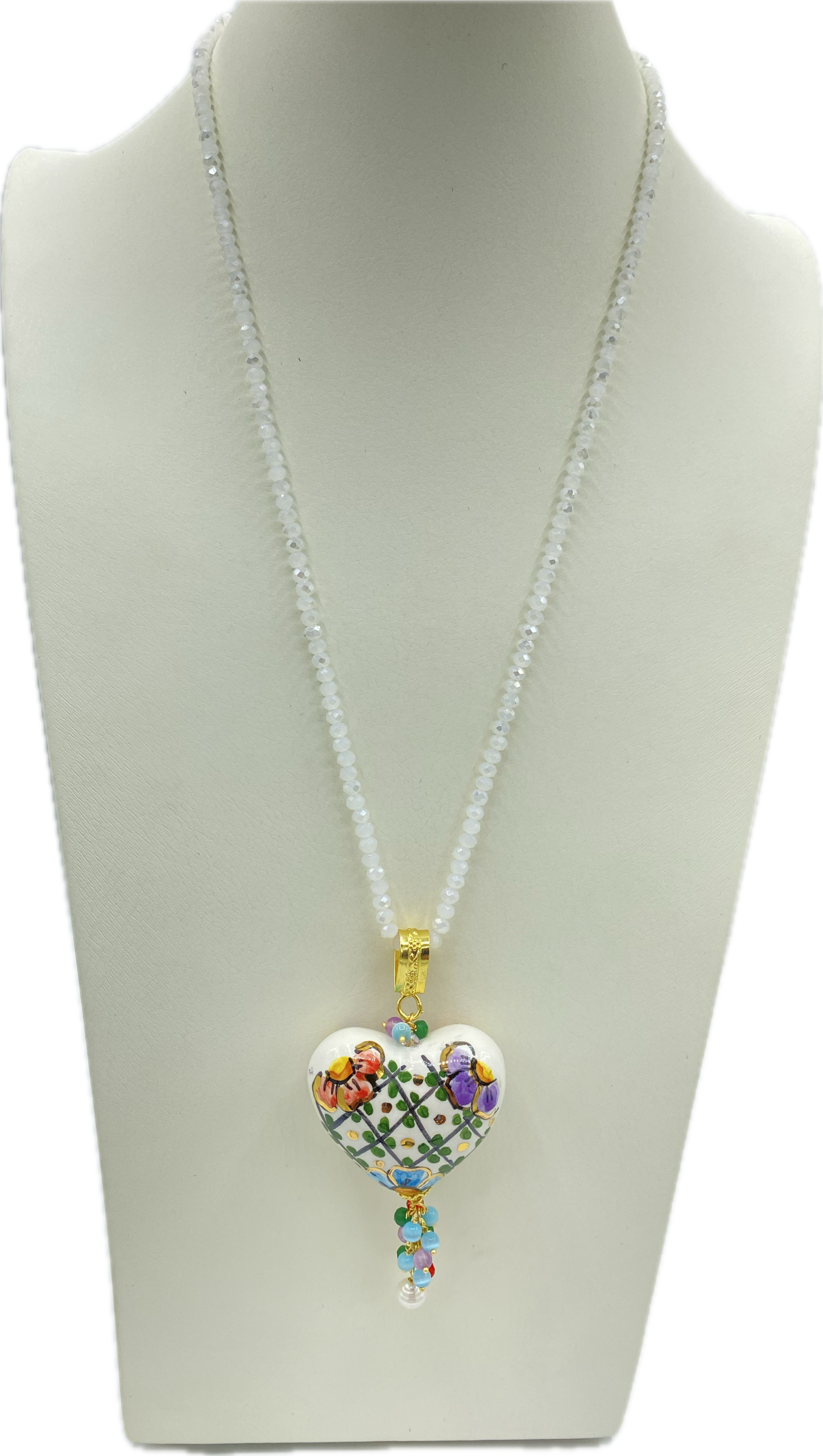 Collana in Swarovski bianchi con cuore tridimensionale in stile maioliche siciliane