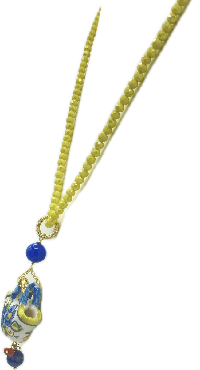 Collana in Swarovski gialla con ciondolo coffa siciliana in ceramica e lustro oro