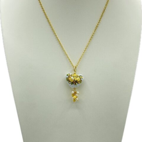 Collana in ottone - cuore con limoni dipinto a mano e lustro in oro