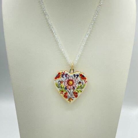 Collana in Swarovski Bianco con Cuore in Ceramica Dipinta a Mano